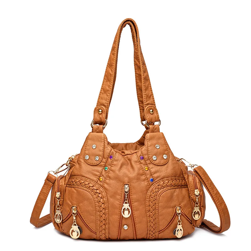 Yogodlns Vintage Soft PU Leather Shoulder Bag Women Large Capacity Handbag Fashion Crossbody Bag Stitching Color Handle Bag sac