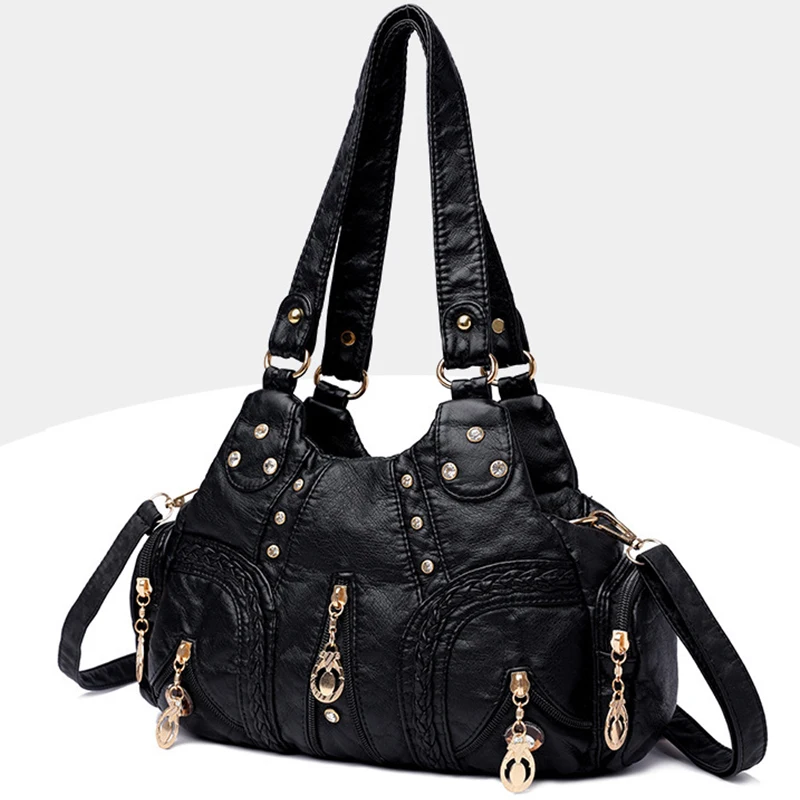 Yogodlns Vintage Soft PU Leather Shoulder Bag Women Large Capacity Handbag Fashion Crossbody Bag Stitching Color Handle Bag sac
