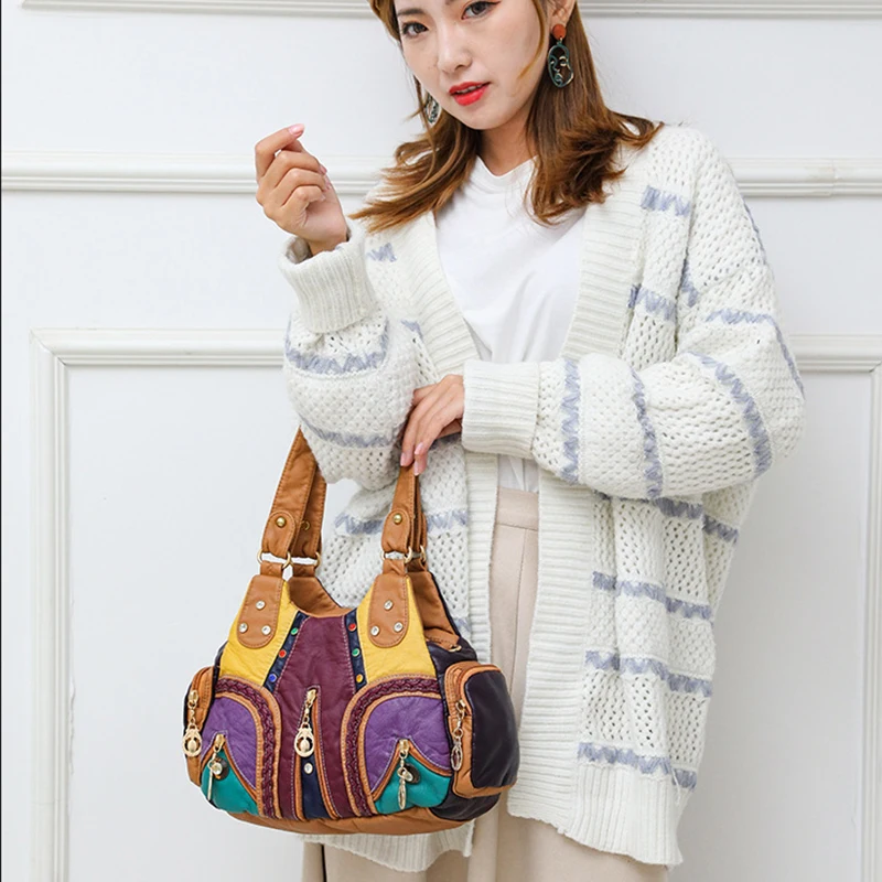 Yogodlns Vintage Soft PU Leather Shoulder Bag Women Large Capacity Handbag Fashion Crossbody Bag Stitching Color Handle Bag sac
