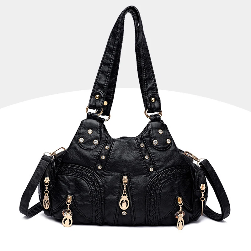 Yogodlns Vintage Soft PU Leather Shoulder Bag Women Large Capacity Handbag Fashion Crossbody Bag Stitching Color Handle Bag sac