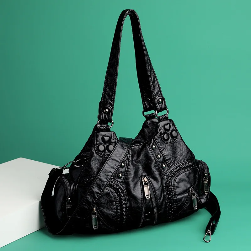 Yogodlns Vintage Soft PU Leather Shoulder Bag Women Large Capacity Handbag Fashion Crossbody Bag Stitching Color Handle Bag sac