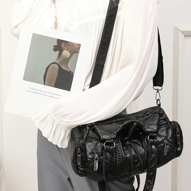 Yogodlns Vintage Soft PU Leather Shoulder Bag Women Large Capacity Handbag Fashion Crossbody Bag Stitching Color Handle Bag sac