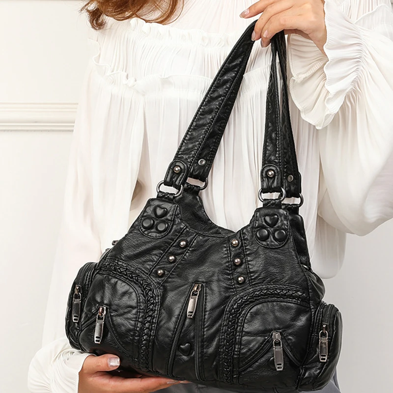 Yogodlns Vintage Soft PU Leather Shoulder Bag Women Large Capacity Handbag Fashion Crossbody Bag Stitching Color Handle Bag sac