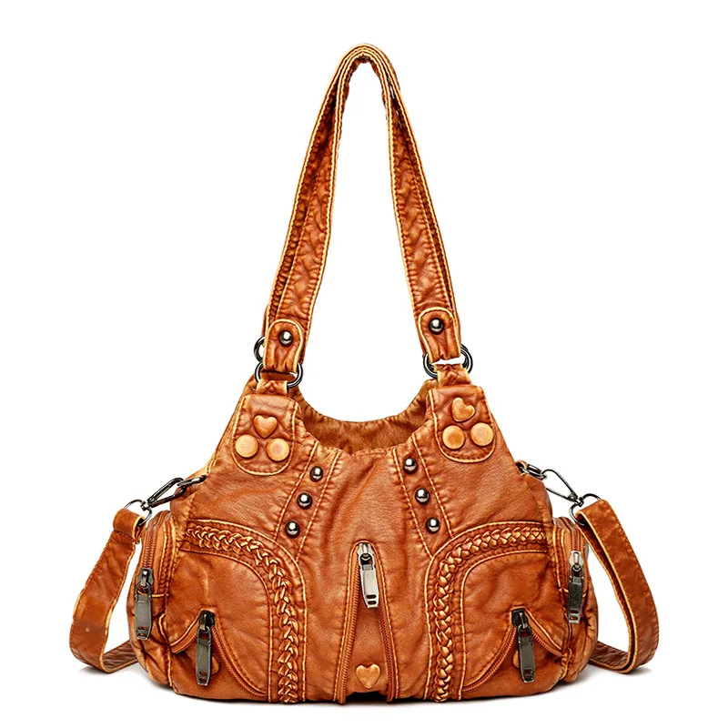 Yogodlns Vintage Soft PU Leather Shoulder Bag Women Large Capacity Handbag Fashion Crossbody Bag Stitching Color Handle Bag sac