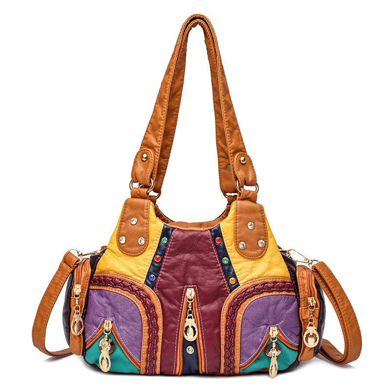 Yogodlns Vintage Soft PU Leather Shoulder Bag Women Large Capacity Handbag Fashion Crossbody Bag Stitching Color Handle Bag sac