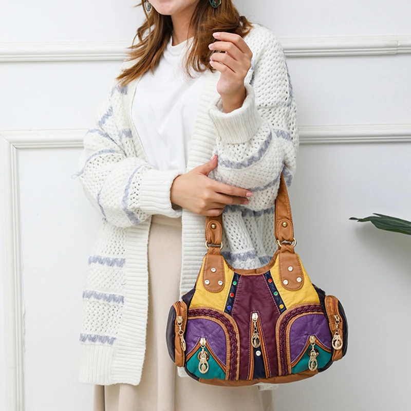 Yogodlns Vintage Soft PU Leather Shoulder Bag Women Large Capacity Handbag Fashion Crossbody Bag Stitching Color Handle Bag sac