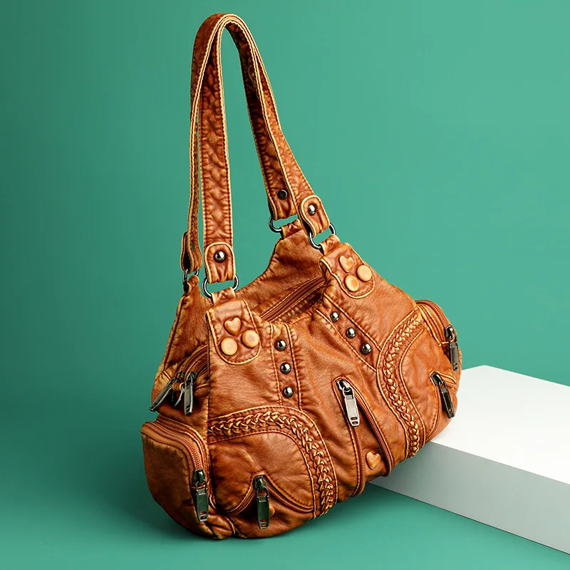 Yogodlns Vintage Soft PU Leather Shoulder Bag Women Large Capacity Handbag Fashion Crossbody Bag Stitching Color Handle Bag sac