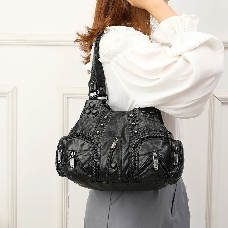 Yogodlns Vintage Soft PU Leather Shoulder Bag Women Large Capacity Handbag Fashion Crossbody Bag Stitching Color Handle Bag sac
