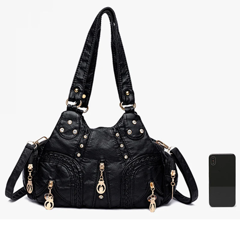 Yogodlns Vintage Soft PU Leather Shoulder Bag Women Large Capacity Handbag Fashion Crossbody Bag Stitching Color Handle Bag sac