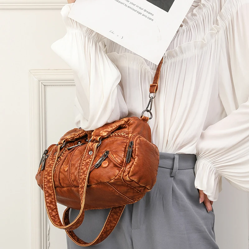 Yogodlns Vintage Soft PU Leather Shoulder Bag Women Large Capacity Handbag Fashion Crossbody Bag Stitching Color Handle Bag sac