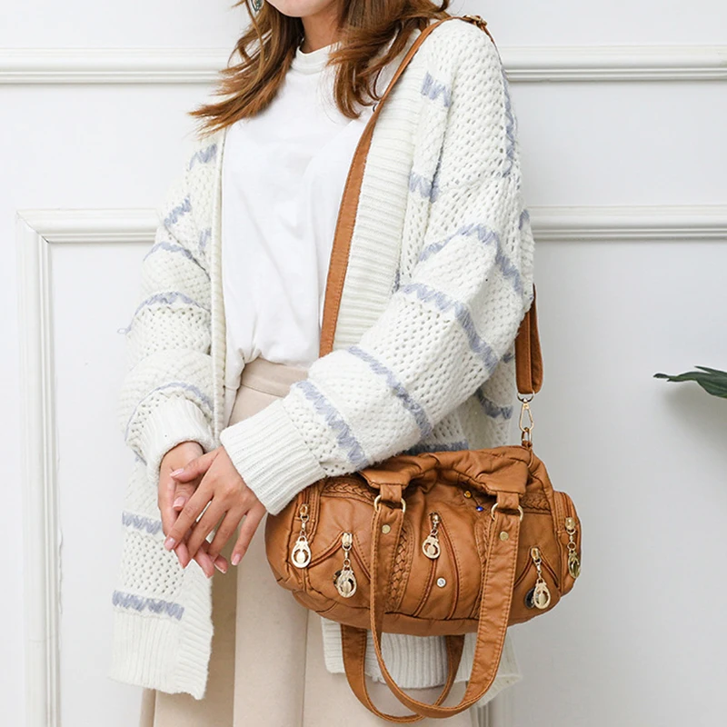Yogodlns Vintage Soft PU Leather Shoulder Bag Women Large Capacity Handbag Fashion Crossbody Bag Stitching Color Handle Bag sac