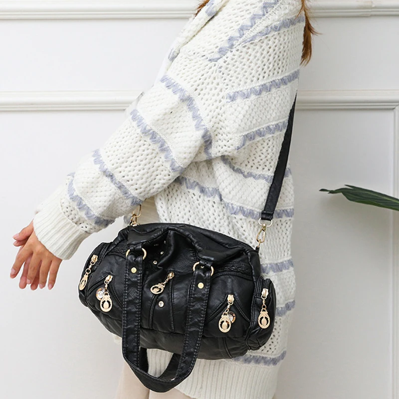 Yogodlns Vintage Soft PU Leather Shoulder Bag Women Large Capacity Handbag Fashion Crossbody Bag Stitching Color Handle Bag sac