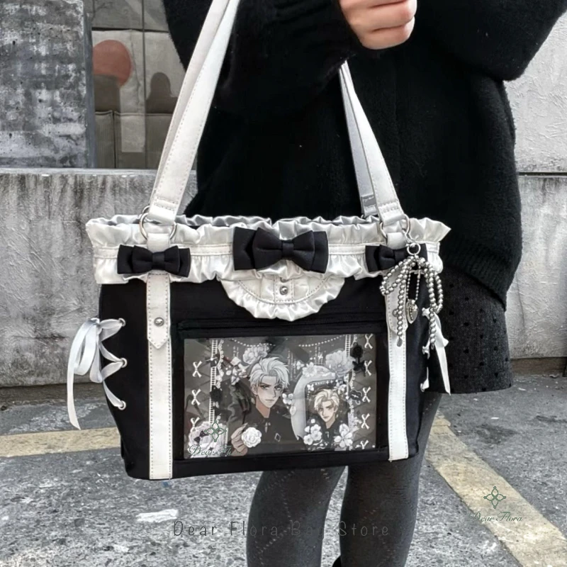 Japanese Sweet Women Ribbon Ita Bag Fashion Large Capacity Tote Bag Aesthetic Shoulder Bag Cute Lolita Girl Transparent Handbags