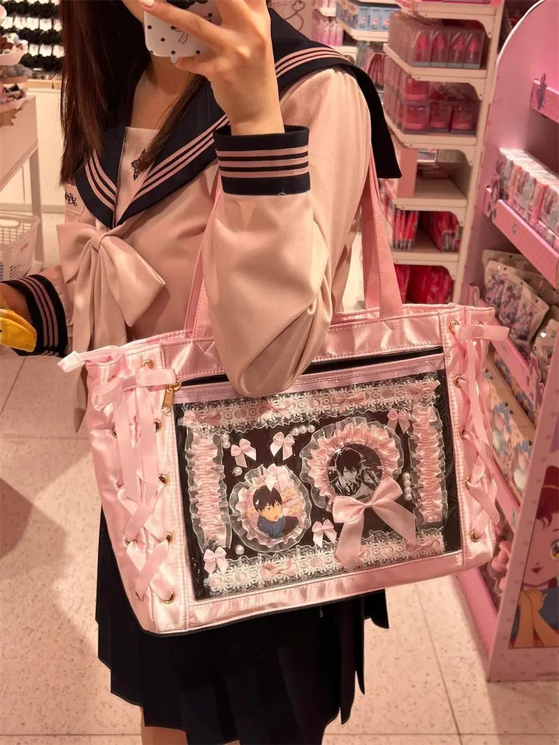 Japanese Sweet Women Ribbon Ita Bag Fashion Large Capacity Tote Bag Aesthetic Shoulder Bag Cute Lolita Girl Transparent Handbags
