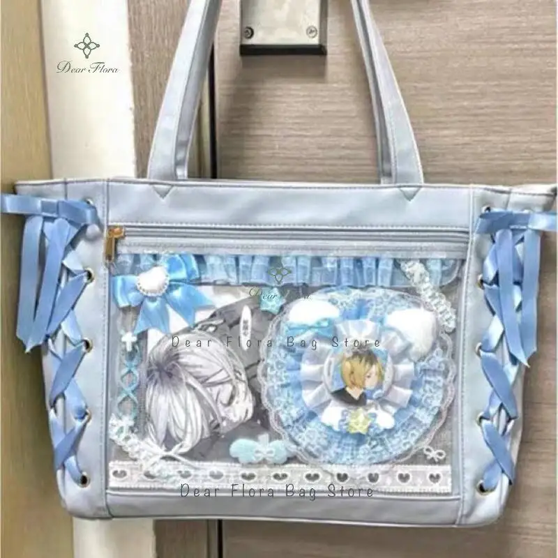 Japanese Sweet Women Ribbon Ita Bag Fashion Large Capacity Tote Bag Aesthetic Shoulder Bag Cute Lolita Girl Transparent Handbags