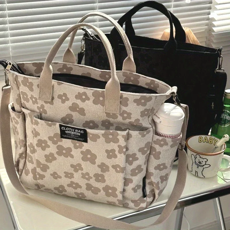 3D Floral Design Tote Bag, Thickened Zipper, Multifunctional Canvas Bag, Student Computer Handbag Shoulder Crossbody School Bag,
