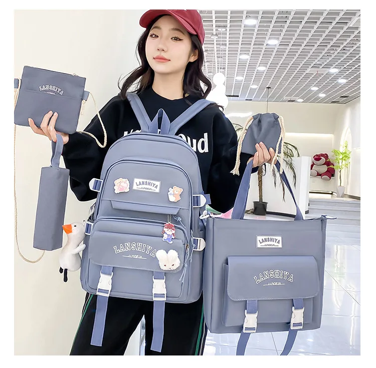 5-piece Set of Free Pendants Forest Style Korean Version Casual Harajuku Student Backpack for High School Girls Large Capacity