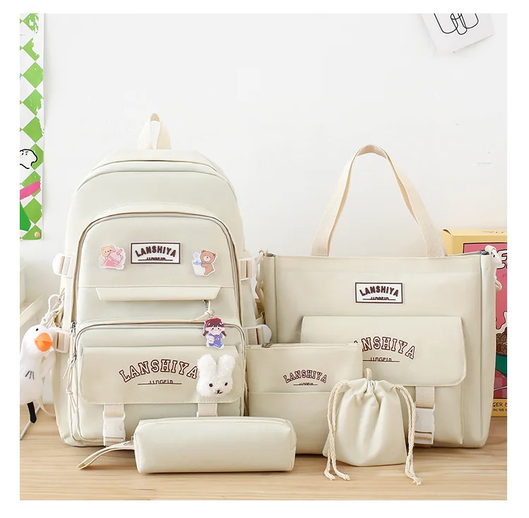 5-piece Set of Free Pendants Forest Style Korean Version Casual Harajuku Student Backpack for High School Girls Large Capacity