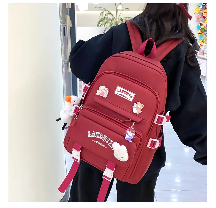 5-piece Set of Free Pendants Forest Style Korean Version Casual Harajuku Student Backpack for High School Girls Large Capacity