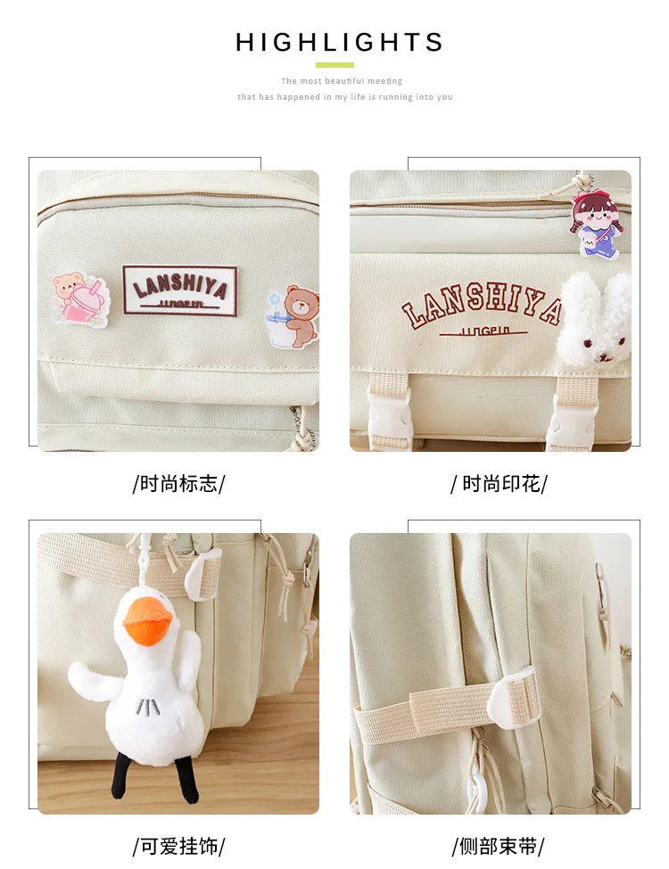 5-piece Set of Free Pendants Forest Style Korean Version Casual Harajuku Student Backpack for High School Girls Large Capacity