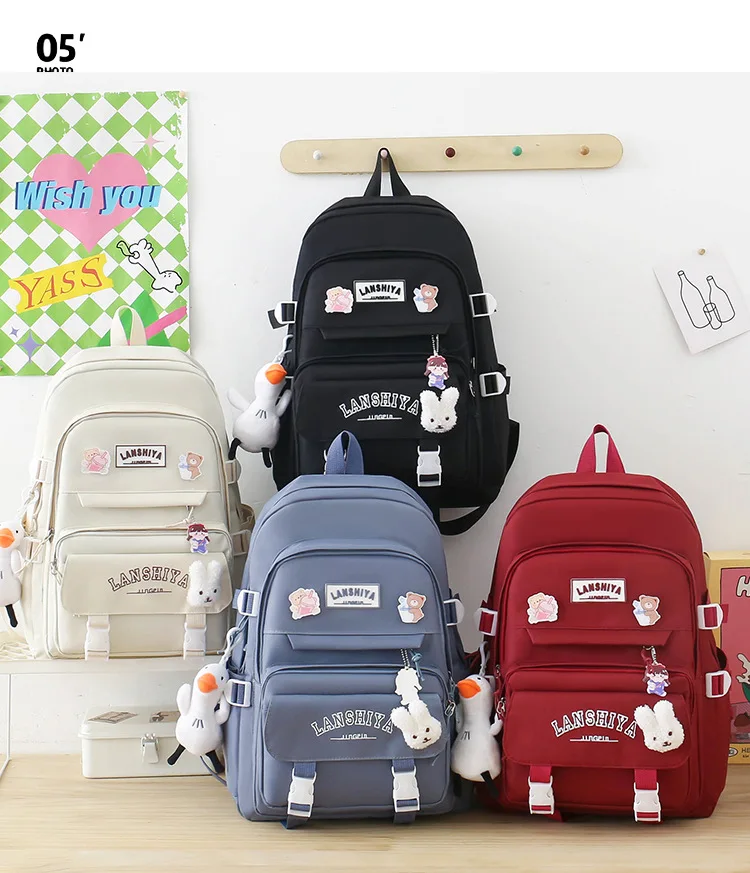 5-piece Set of Free Pendants Forest Style Korean Version Casual Harajuku Student Backpack for High School Girls Large Capacity