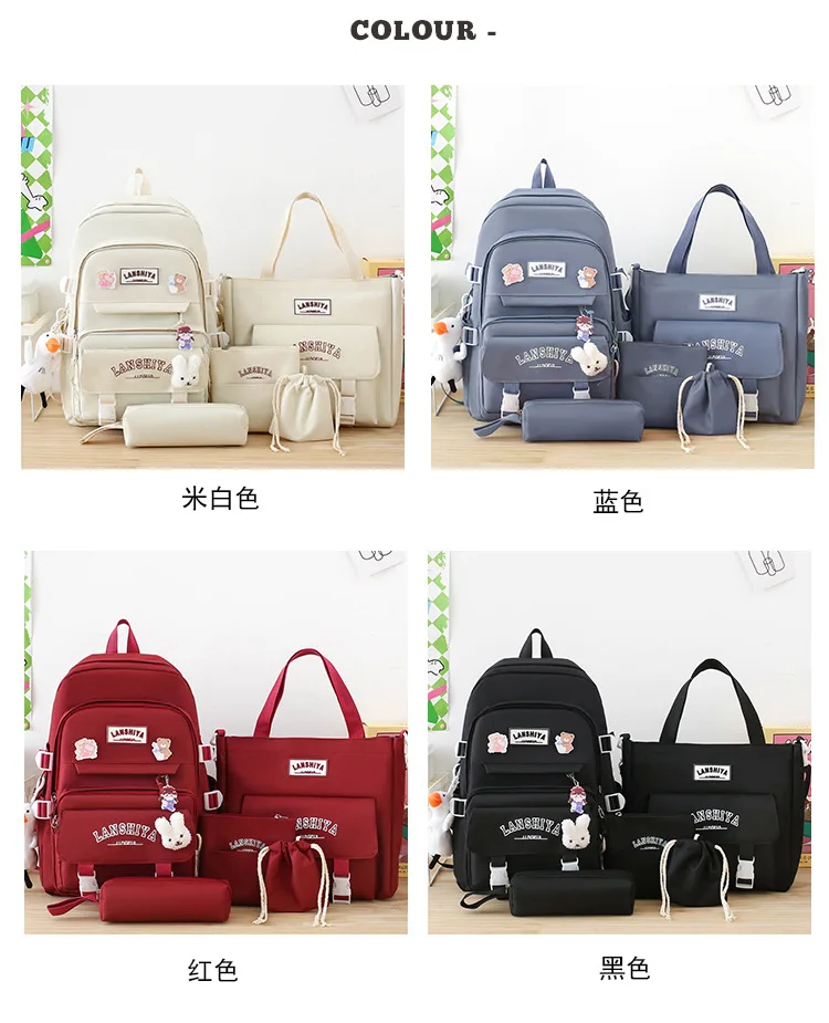 5-piece Set of Free Pendants Forest Style Korean Version Casual Harajuku Student Backpack for High School Girls Large Capacity