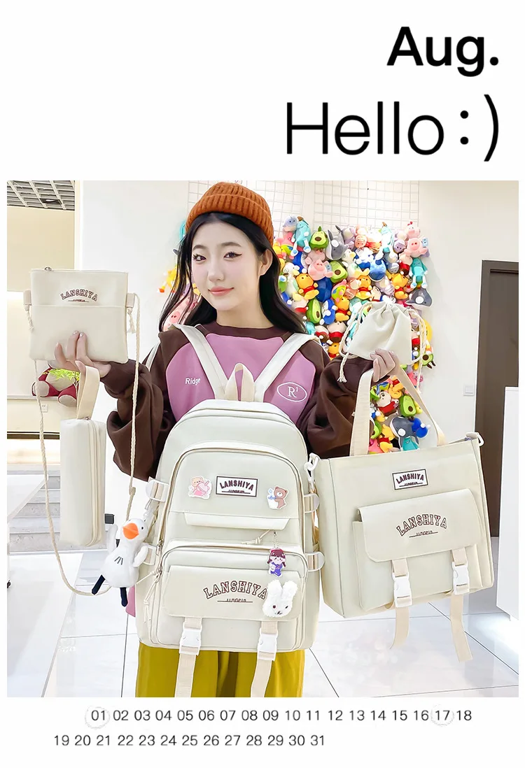 5-piece Set of Free Pendants Forest Style Korean Version Casual Harajuku Student Backpack for High School Girls Large Capacity