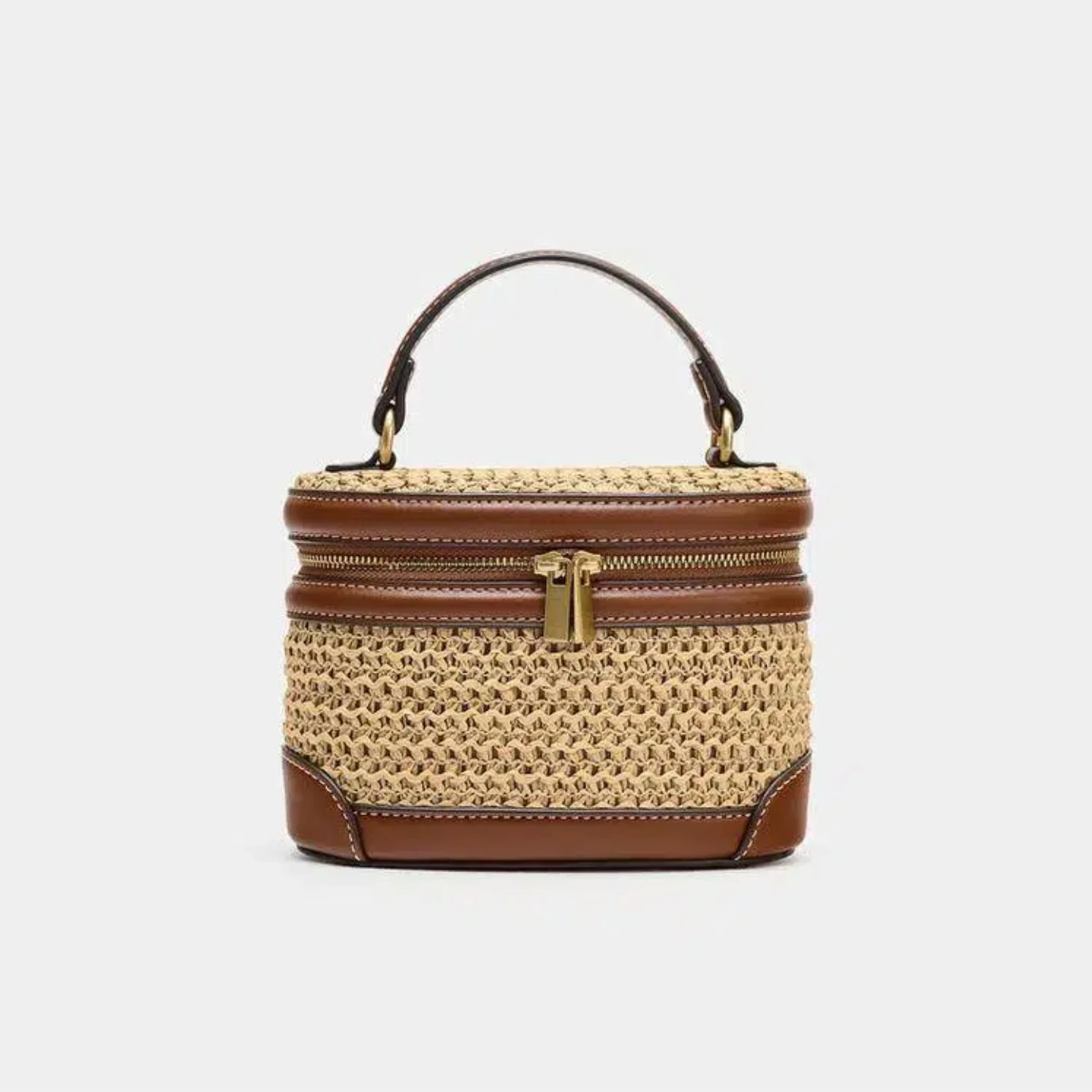 2026 Spring/Summer Woven Straw Bag for Women, Raffia Beach Vacation Handbag, Vintage Straw Box-Shaped Cosmetic Bag, Brown Faux Leather Trimmed Bag, Embellished with Stitching Details, Metal Double Zipper Closure, Suita