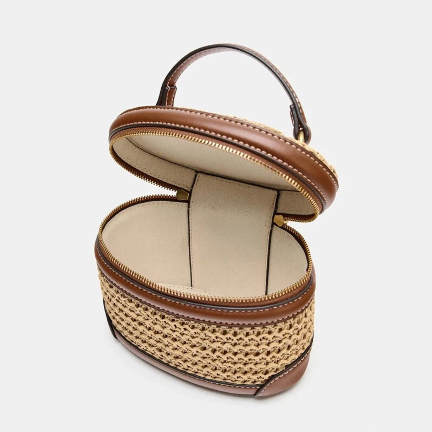 2026 Spring/Summer Woven Straw Bag for Women, Raffia Beach Vacation Handbag, Vintage Straw Box-Shaped Cosmetic Bag, Brown Faux Leather Trimmed Bag, Embellished with Stitching Details, Metal Double Zipper Closure, Suita
