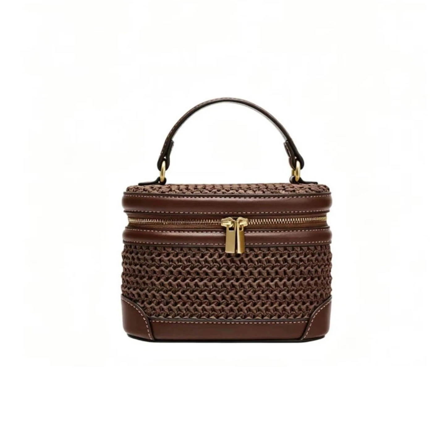 2026 Spring/Summer Woven Straw Bag for Women, Raffia Beach Vacation Handbag, Vintage Straw Box-Shaped Cosmetic Bag, Brown Faux Leather Trimmed Bag, Embellished with Stitching Details, Metal Double Zipper Closure, Suita