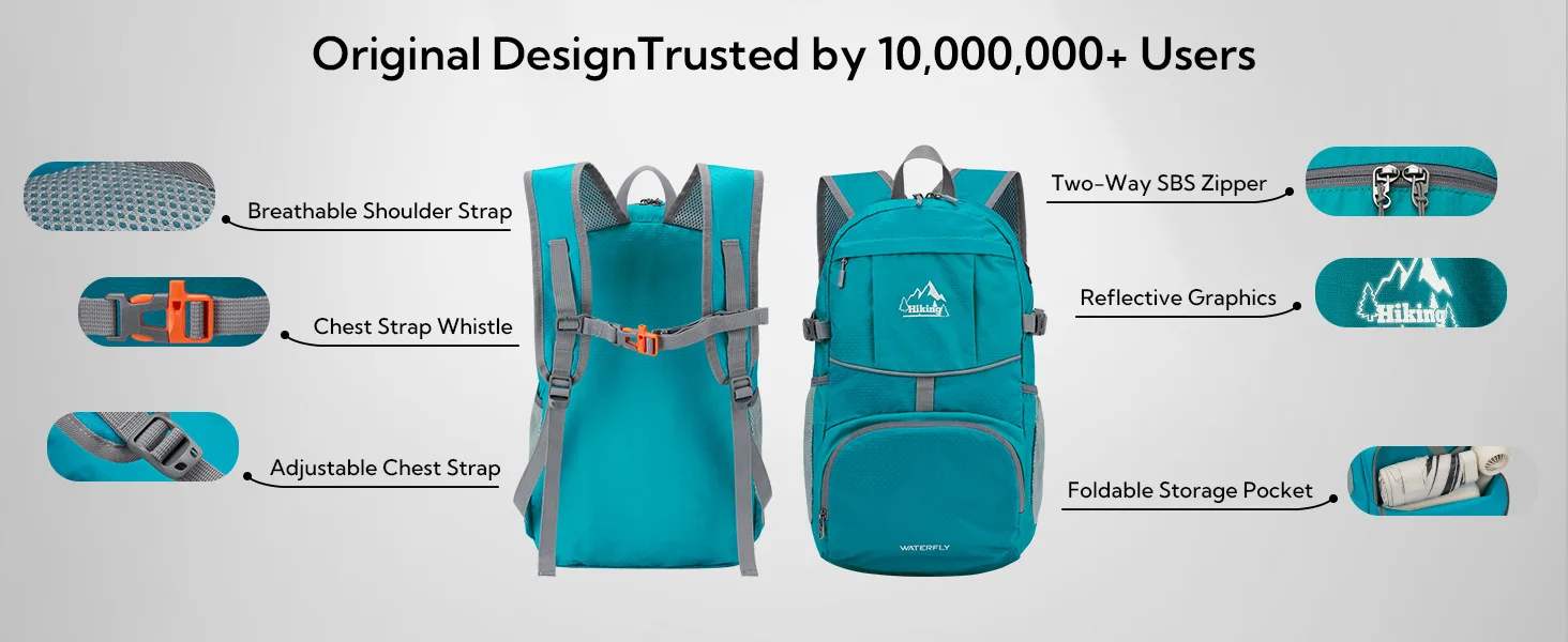 WATERFLY Hiking Foldable Daypack Backpack: 25L Ultra Lightweight Packable Waterproof Outdoor Travel Day Pack for Woman Man