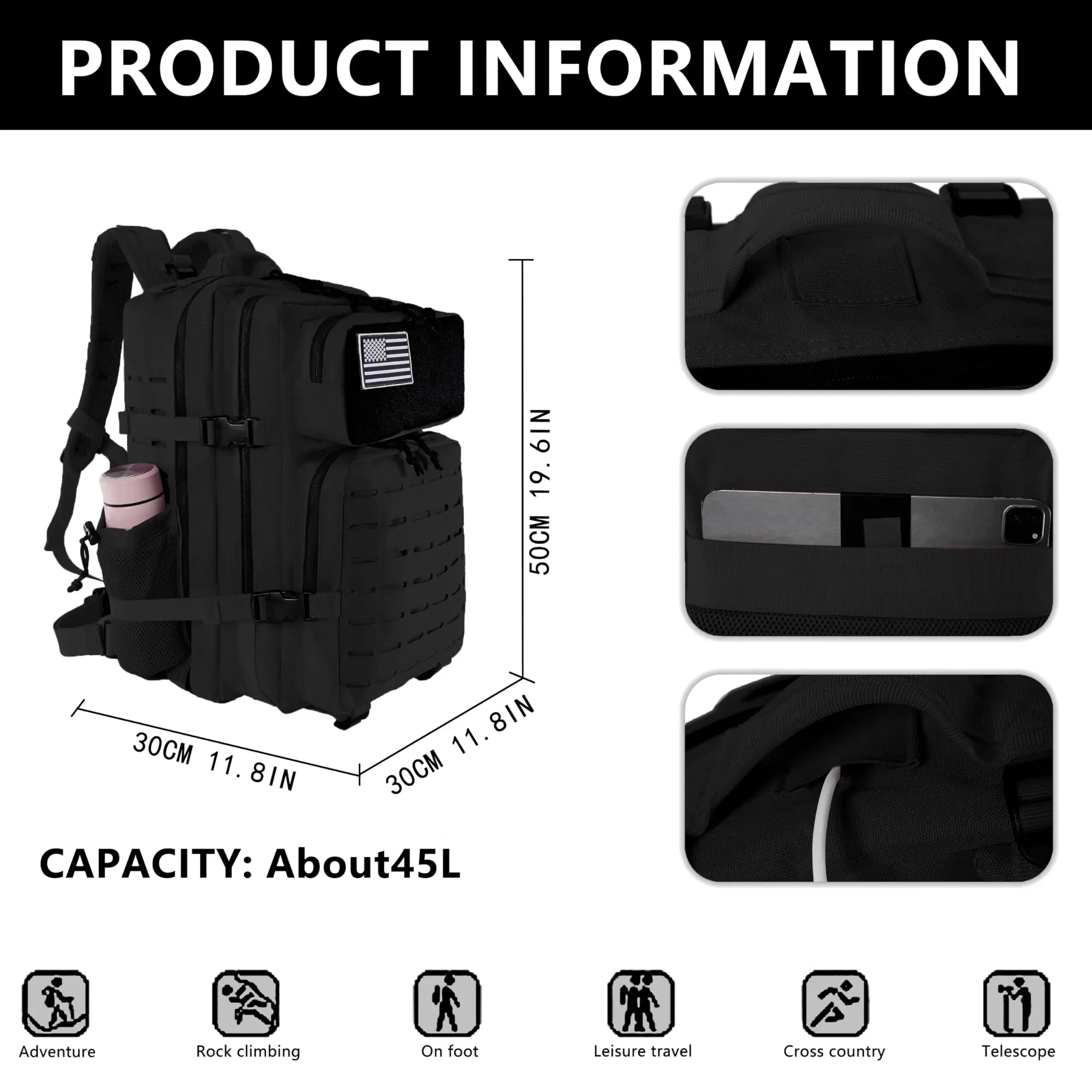 45L Men's Outdoor Backpack Molle Hiking with Bottle Stand Outdoor Hiking Bag Fitness Backpack