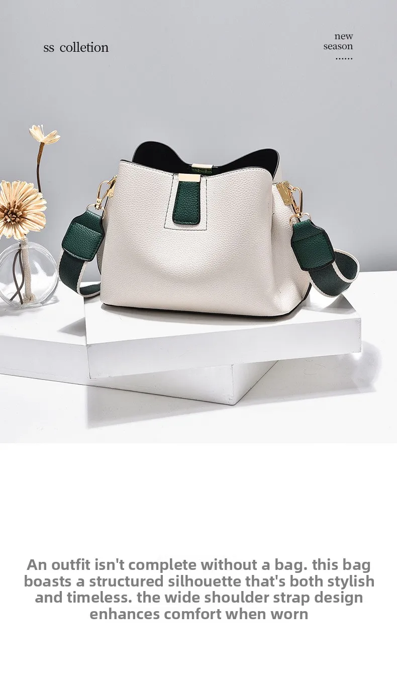 Minimalist Bucket Bag with Contrast Colors Strap & Hardware, Soft Textured Leather, Adjustable Crossbody Strap for Daily Wear