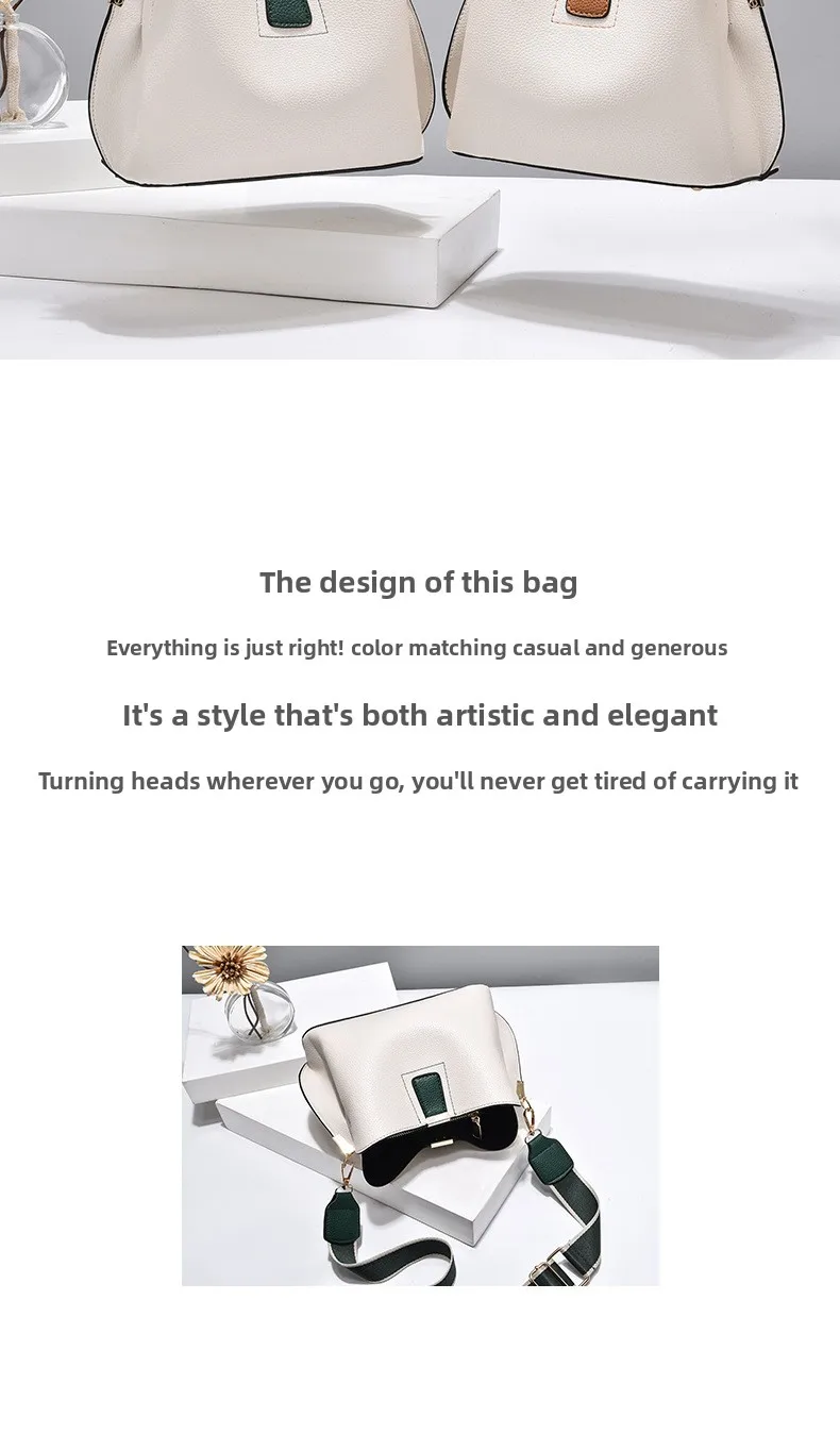 Minimalist Bucket Bag with Contrast Colors Strap & Hardware, Soft Textured Leather, Adjustable Crossbody Strap for Daily Wear