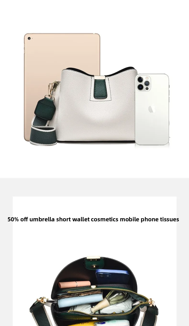 Minimalist Bucket Bag with Contrast Colors Strap & Hardware, Soft Textured Leather, Adjustable Crossbody Strap for Daily Wear