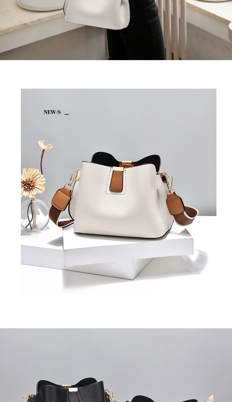 Minimalist Bucket Bag with Contrast Colors Strap & Hardware, Soft Textured Leather, Adjustable Crossbody Strap for Daily Wear