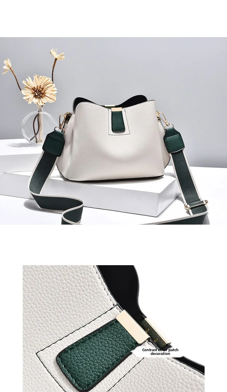 Minimalist Bucket Bag with Contrast Colors Strap & Hardware, Soft Textured Leather, Adjustable Crossbody Strap for Daily Wear