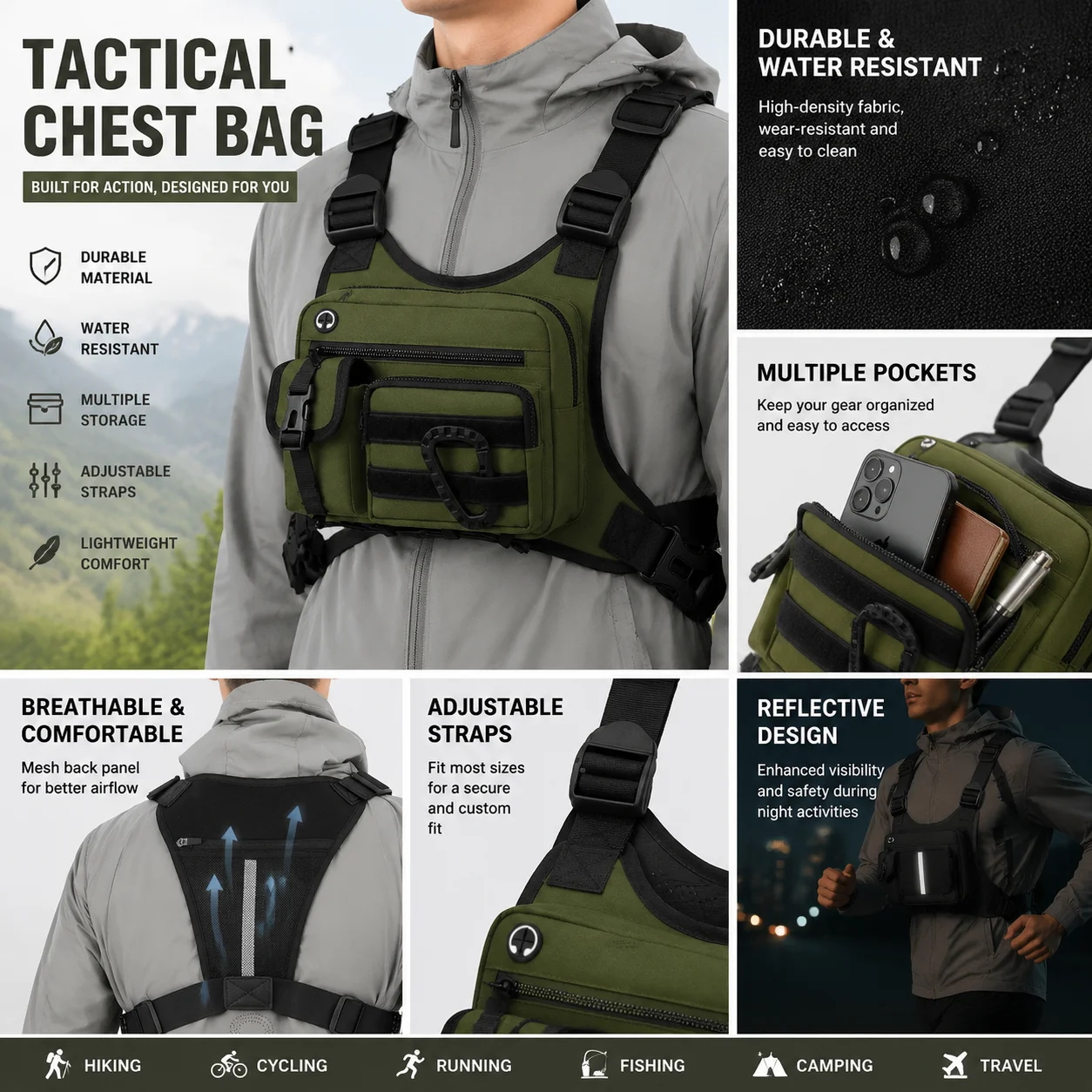 Men's Vest Outdoor Tactical MOLLE Chest Bag Chest Pack for Cycling Bags Running Front Chest Bag EDC Sports Vest Bag