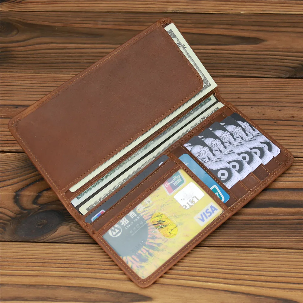 Men's Crazy Horse Leather Long Wallet Head Layer Leather Leather Retro Card Bag Multi Functional