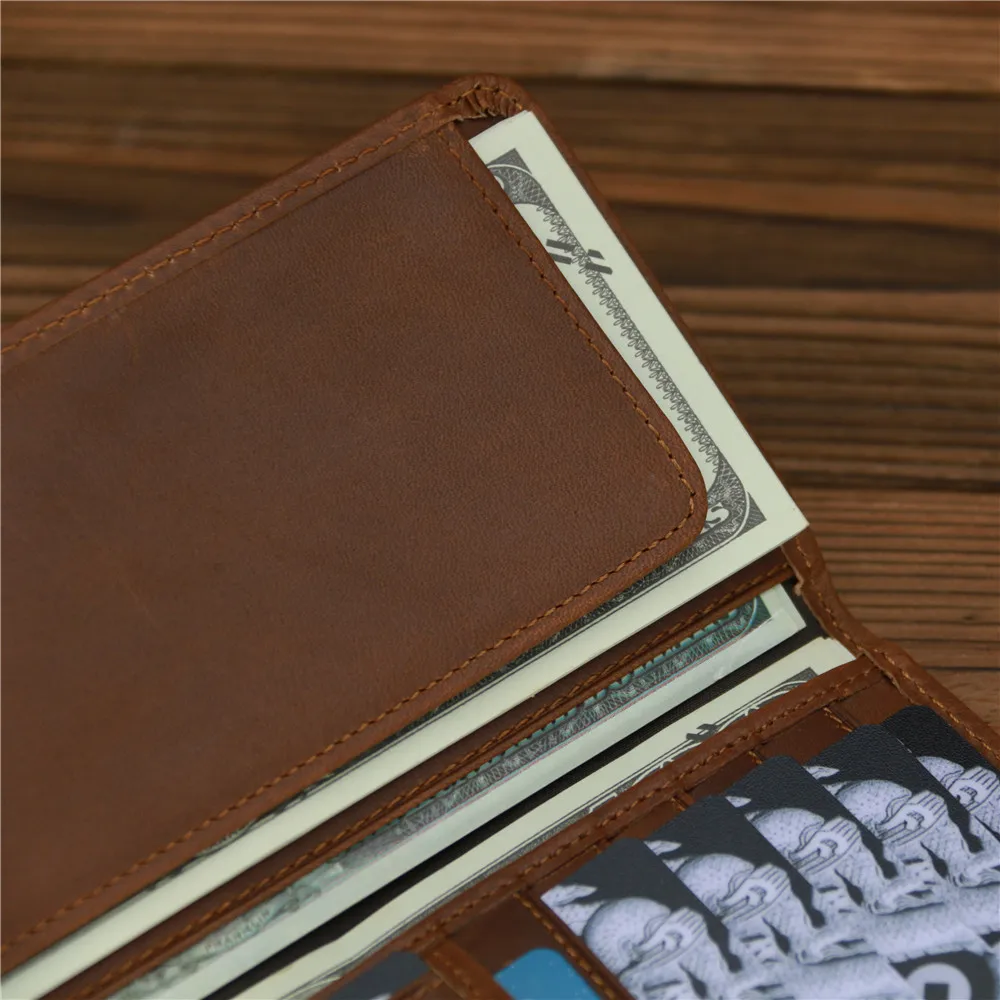 Men's Crazy Horse Leather Long Wallet Head Layer Leather Leather Retro Card Bag Multi Functional