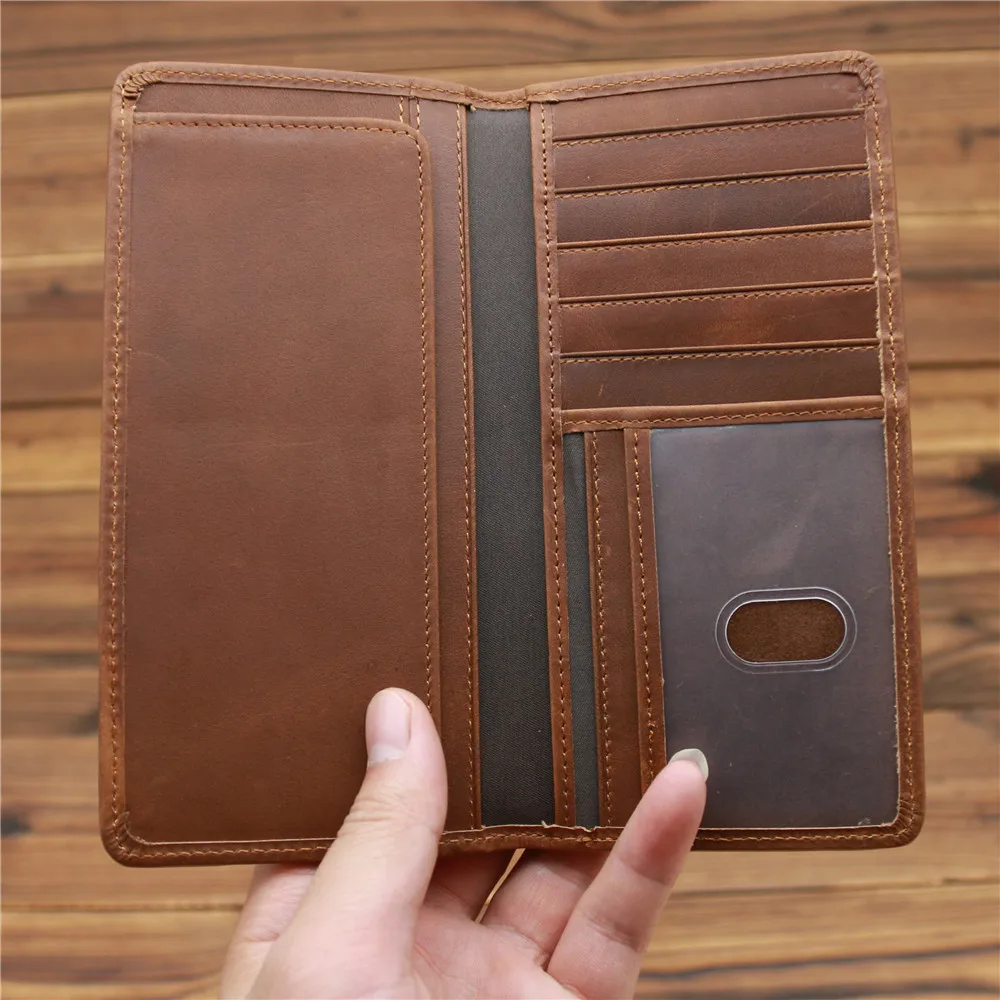 Men's Crazy Horse Leather Long Wallet Head Layer Leather Leather Retro Card Bag Multi Functional