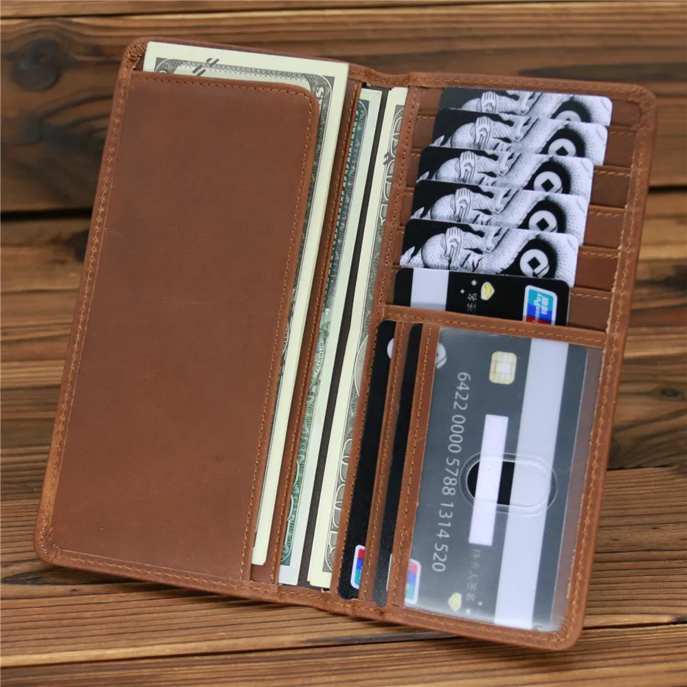 Men's Crazy Horse Leather Long Wallet Head Layer Leather Leather Retro Card Bag Multi Functional