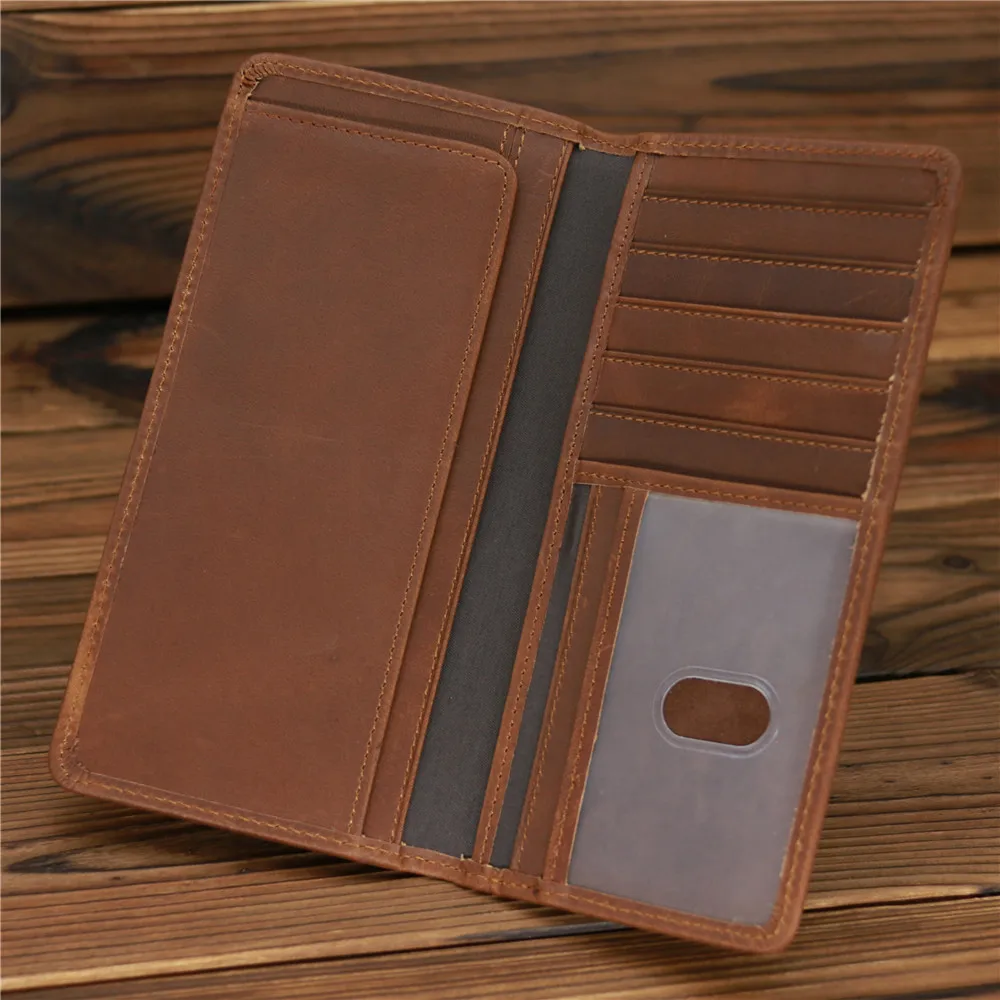 Men's Crazy Horse Leather Long Wallet Head Layer Leather Leather Retro Card Bag Multi Functional