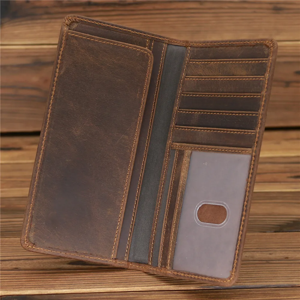Men's Crazy Horse Leather Long Wallet Head Layer Leather Leather Retro Card Bag Multi Functional