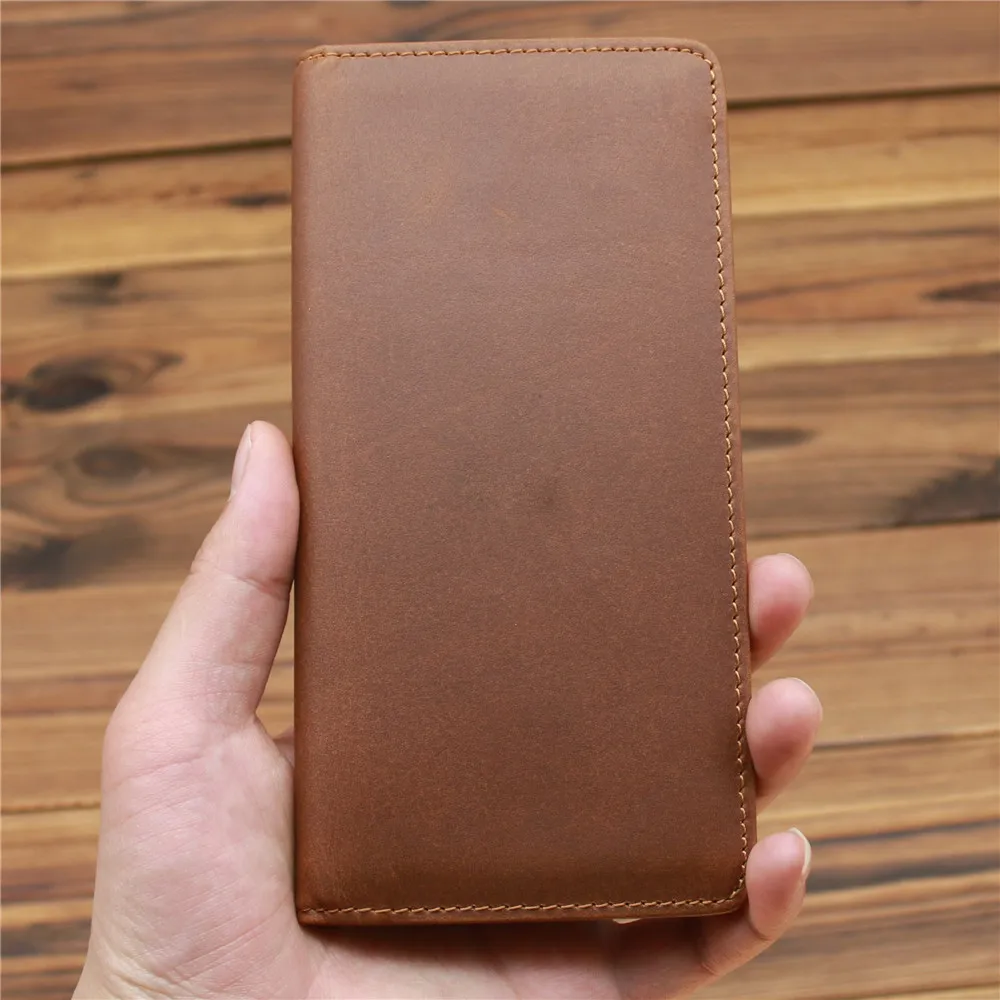 Men's Crazy Horse Leather Long Wallet Head Layer Leather Leather Retro Card Bag Multi Functional