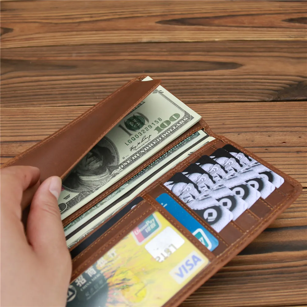 Men's Crazy Horse Leather Long Wallet Head Layer Leather Leather Retro Card Bag Multi Functional
