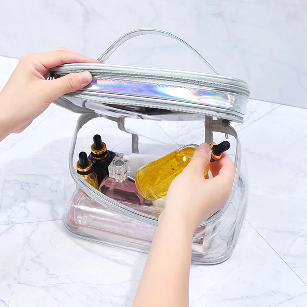 Portable Clear Makeup Bag,PVC Double-Layer Cosmetic Bag,Large Capacity Waterproof Wash Bag,Transparent Travel Storage Pouch