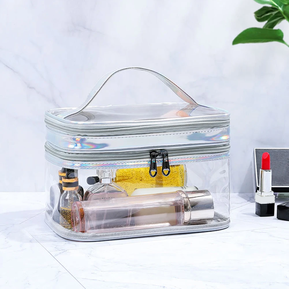 Portable Clear Makeup Bag,PVC Double-Layer Cosmetic Bag,Large Capacity Waterproof Wash Bag,Transparent Travel Storage Pouch