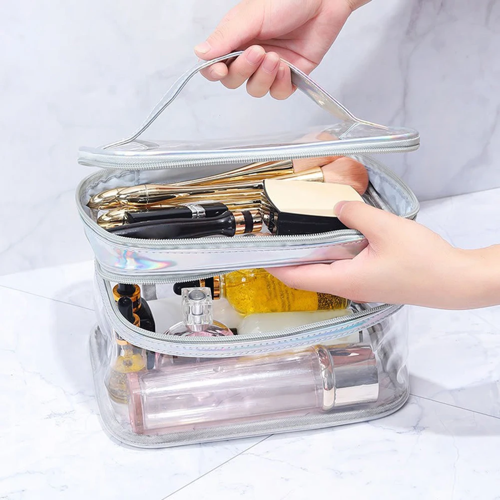Portable Clear Makeup Bag,PVC Double-Layer Cosmetic Bag,Large Capacity Waterproof Wash Bag,Transparent Travel Storage Pouch