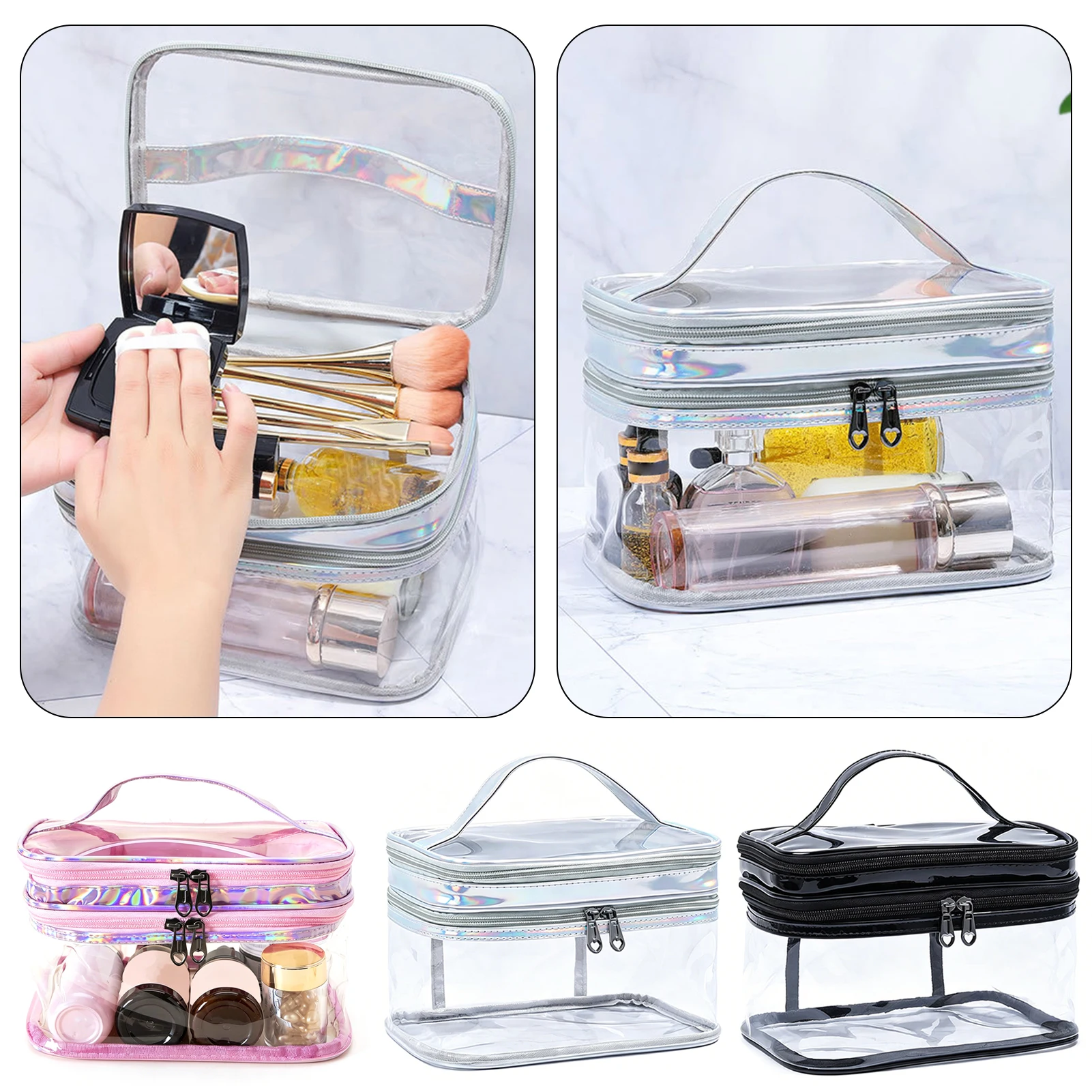 Portable Clear Makeup Bag,PVC Double-Layer Cosmetic Bag,Large Capacity Waterproof Wash Bag,Transparent Travel Storage Pouch